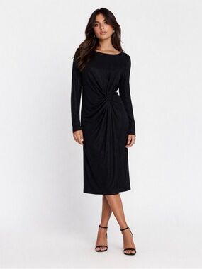 Only Black Long Sleeve Knot Dress XL | Metallic Bodycon Side Knot Midi Dress